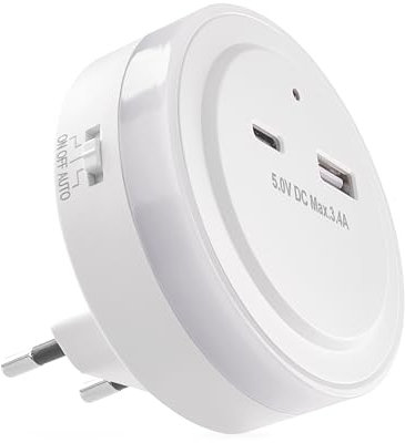 EMOS Luce notturna a LED per presa con uscita USB-C e USB-A, 5,0 V/3,4 A, interruttore e sensore crepuscolare, luce di orientamento per cameretta dei bambini, scale, camera da letto, cucina,