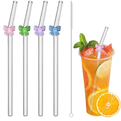 4 PCS Glass Straw Reusable, Glass Straws Drinking with Cleaning Brush, Clear Bent Straw with Bows for Smoothie Milk Coffee Coctail Water Juice（Colorful