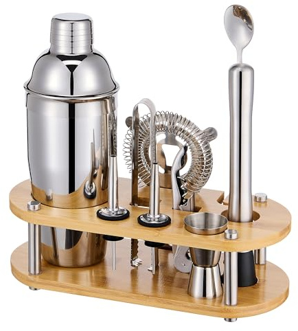 Set di shaker per cocktail da barista, 11 pezzi, con supporto in bambù e tutti gli accessori da bar: shaker Martini, colino, misurino, pestello, cucchiaio miscelatore, kit da bar, casa e feste