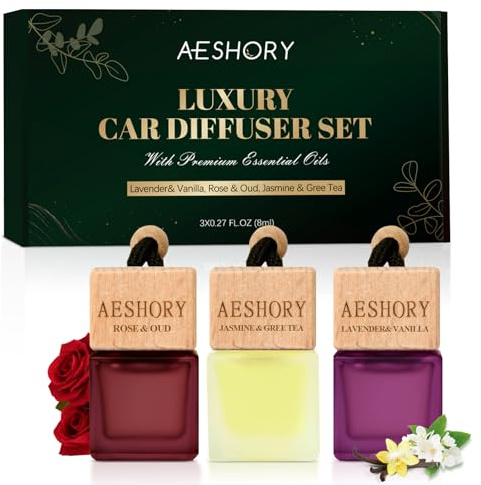 AESHORY Deodorante Per Auto Floreale 3 x 8ML, Profumatore Auto e Deodorante per Interni, Diffusore di Oli Essenziali Appeso Auto - Lavanda & Vaniglia, Rosa & Oud, Gelsomino & Tè Verde