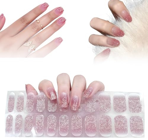Wongify Semi Cured Gel Nail Strips with French Tip, Glitter Design 22 Pieces - Long Lasting, Easy to Apply and Remove, Includes Prep Pads, Nail File and Wooden Stick for Women Salon Use
