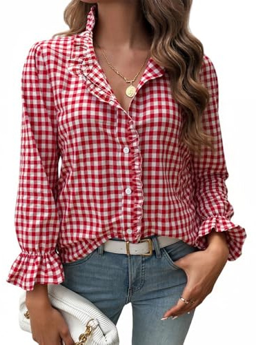 MINTLIMIT Womens Plaid Blouse Peasant Ruffle Neck Button Down Plaid Puff Long Sleeve Gingham Blouse Shirts Red