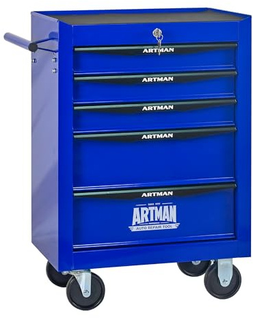 Werkstattwagen, Werkzeugwagen mit 5 Schubladen — Kugellagerrutsche, Arbeitsplatte, breite Lenkrollen mit 2 Bremsen, Zylinderschloss, eine Seite mit Zuggriff, pulverbeschichtet, Schwarz & Blau