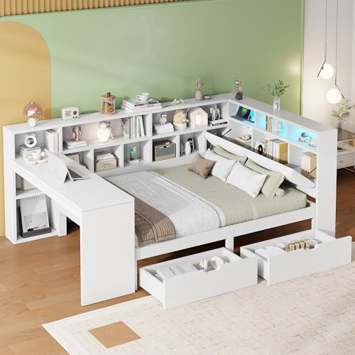 NNJN Letto a piattaforma L in legno con scrivania e libreria, letto a castello ad angolo con testata imbottita, cassetti sotto il letto, luce LED - Bianco (140x200cm)