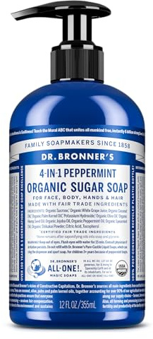 Dr Bronner’s 4-in-1 Organic Peppermint Soap, Made with Organic Oils and Shikakai Powder. For Hands, Body, Face & Hair. Fair Trade Certified & Vegan Friendly, 335ml Recycled Pump Bottle