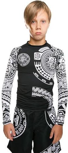 Hardcore Training Kids Rash Guard Compression Base Layer Tights No Gi BJJ Fitness Workout Running Boxing (UK, Age, 8 Years, Regular, Black/Black)