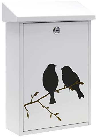 ARREGUI Premium Graphic E5601-BIR Buzón Exterior de Acero con Serigrafía Decorativa 'Birds', Tamaño M (Correo DIN A4 y Revistas), Antilluvia, Fácil de Instalar, Blanco