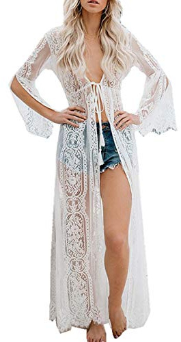 YouKD Cárdigan de algodón Encaje para Mujer Vestido Transparente Kimono Largo de Boho Traje de baño de Playa Cover Up Dress