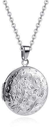 PiercingJak - Collar de fotos con medallón redondo y abierto, personalizado, grabado de flores, estilo vintage, acero inoxidable, plata, regalo para mujer y hombre (no grabado), Acero inoxidable, no