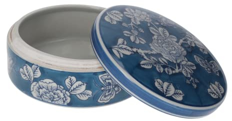 Keyhomestore - Caja de porcelana, fondo azul con elegante decoración floral blanca. Potiche con tapa de porcelana de estilo clásico. Adorno para decoración de mesa/estante.