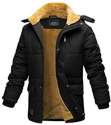 EKLENTSON Men's Outdoor Down Jackets Fleece Coat Winter Warm Windproof Puffer Jackets with Detachable Hood Black M