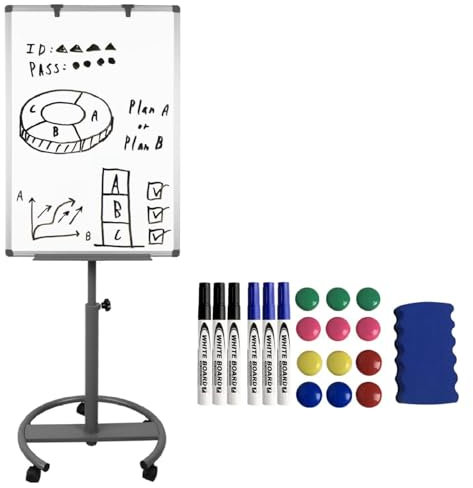 UISEBRT Whiteboard Flipchart mit Rollen Ständer, Magnetisch Beschreibbar Abwischbar Weiße Magnettafel Präsentationstafel, Höhenverstellbar Staffelei, Papierhalter, 60 x 90 cm, Rundfuß mit Rollen