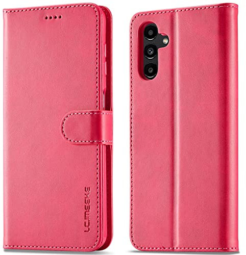 WAURZ Hülle für Samsung Galaxy A54 5G, Schutzhülle Leder Klappbar Flip Case mit Kartenfach Magnet Ständer Handytasche Hüllen Etui Klapphülle Cover, Rose Rot