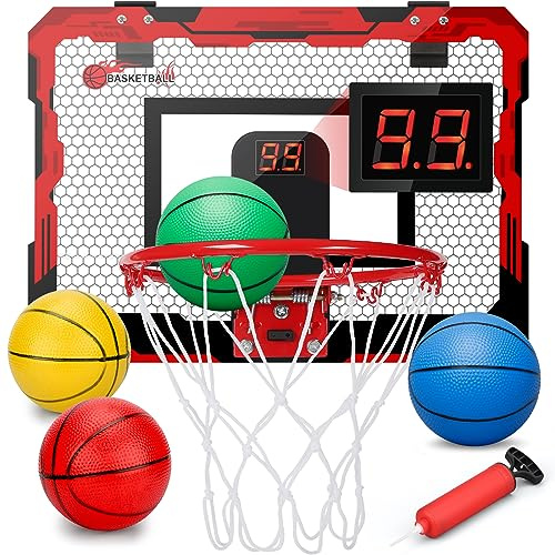 Mini canasta de baloncesto con marcador electrónico, 4 bolas para niños y adultos, juguete deportivo para interiores y exteriores, soporte de pared para piscina, patio trasero, salón, dormitorio,