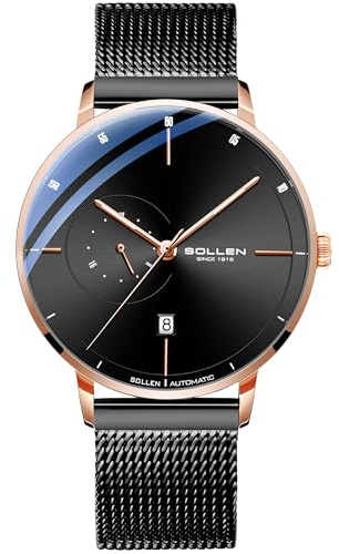 SOLLEN Automatikuhr für Herren, Minimalistische und schlanke Automatikuhren für Männer mit Edelstahl-Mesh-Armband und 24-Stunden-Funktion, 42 mm, Rotgoldenes Gehäuse, Minimalistisch, SL305-MH