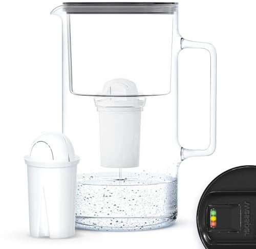 Wessper Jarra Filtradora de Vidrio con Contador LED de Agua 3 L | Compatible con el Filtro Brita Classic, Filtro de Agua que Reduce la cal y el Cloro | Jarra Filtrante + 1x Cartucho – Negro
