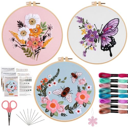 Offizon 3 PCS Embroidery Kit for Beginners - Cross Stitch DIY Craft Set, Butterfly Embroidery Accessories & Hoop Included, Hand Embroidery Kit for Adults Stitching Sewing Kit Gift | AnimalB Patterns