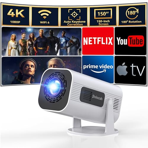 Polocsh Mini Beamer 4k Heimkino mit Android 11.0, WLAN6 und BT5.2, 1080P Full HD Mini Projektor mit Auto Keystone, 150 Display Portable mit 180° Drehung mit HDMI/USB/AV, Weiß