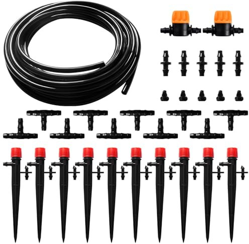 VooGenzek 33 Pezzi 4/6 mm Kit Irrigazione a Goccia, 5m Tubo Irrigazione, Kit fai da te Sistemi di Irrigazione, con Giunti a Barbe Dritte, Connettori a T, Tappi Terminali, per Aiuola