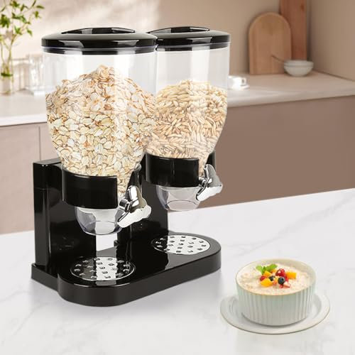 VIIROUD Cornflakes Dispenser di cereali - Distributore di frutta secca, pasta e caramelle, doppio contenitore, due contenitori da 3,5 l, sistema rotante, senza BPA,35 x 34,5 x 20 cm, nero - 1 pezzo