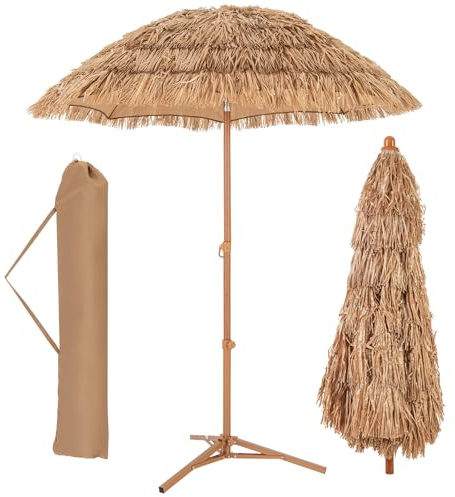 GOPLUS Sombrilla de Paja PP Hawaiana 2M con Base Plegable, Sombrilla de Playa Inclinable con 8 Varillas y Bolsa de Transporte, Parasol Portátil para Exterior, Jardín, Terraza, Piscina, Patio