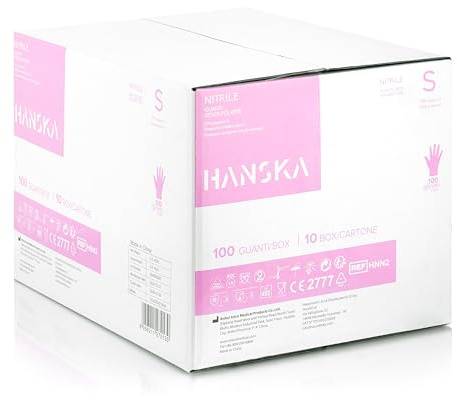 HANSKA 1000 Guantes desechables de nitrilo rosas - Sin polvo - Desechables - Ambidiestros - No estériles - Base de goma - Apto para áreas médicas y manipulación de alimentos (1000, S)