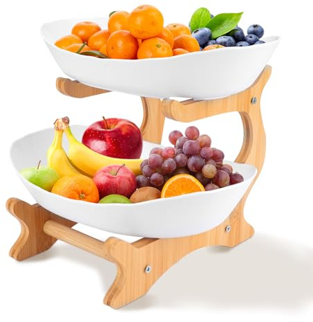 RETON 2 Tier Fruit Bowl for Kitchen Countertop, Plastic Fruit Basket Rack with Bamboo Wood Stand for Tiered Vegetable Storage Tray, Salad Cake Snack Dessert Party (White) (2 Tier)