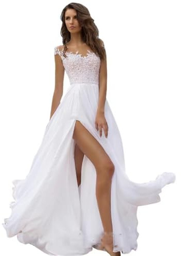 Vestido de Novia de Playa con Corsé de Encaje, Chiffon Blanco, Escote Lateral, Espalda Abierta, Largo Total (White,M)