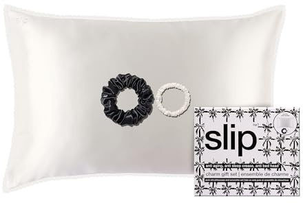 slip Charm Gift Set – White Queen Silk Pillowcase with Lace Trim, Black Large Scrunchie & White Skinny Scrunchie – Pure Mulberry Silk Hair & Sleep Essentials