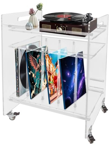 Soporte giratorio de acrílico transparente con ruedas, mesa auxiliar para vinilo y CD, mesita de noche moderna con almacenamiento de vinilo para sala de estar
