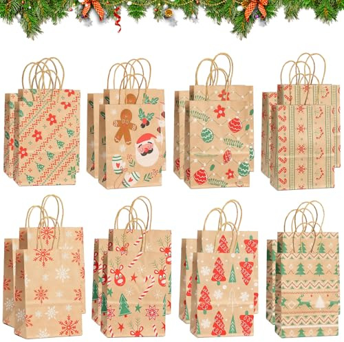 Bolsas Papel Kraft con Asas,24 Piezas Bolsas de Papel Kraft,Bolsas Navidad,Bolsa de Papel de Fiesta Reutilizables,Bolsitas para Chuches,para Navidad,Galletas,Tortas,Snacks