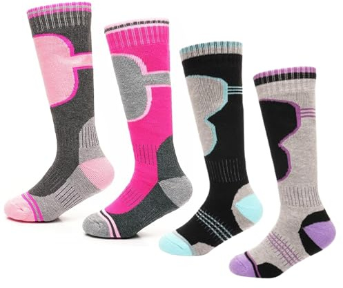 GM Apparel Kids Girls Ski Socks Multipack of Long Performance Thermal Winter Warm Socks for Skiing Snowboarding Hiking Outdoor Activities - 4 Pack (4-6 Years,Pink + Grey)