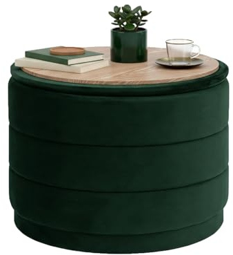 Bonlife Ottoman Rond avec Couvercle,Repose-Pieds Pliable avec Table,Repose-Pieds pour Salon, Chambre à Coucher, Couloir, Velours Vert Bouteille, 58 x 58 x 44 cm