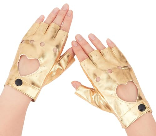 CALFOVERA Guantes de Cuero Metalizado con Forma de Corazón Hueco para Motocicleta, Estilo Steampunk, Gótico, de Medio Dedo, de PU, Sin Dedos, para Conducir, Punk, para Mujeres, Hombres, Disfraces