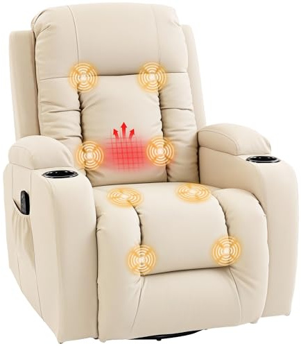 HOMCOM Poltrona Massaggiante Reclinabile Manuale 145° Riscaldante, 8 Punti di Massaggio, Poltrona Relax Girevole con Dondolo, Poggiapiedi, Telecomando, Portabicchieri, Tasche Laterali, Pelle PU, Crema