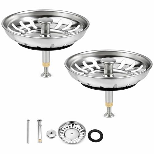 RowGlow 2pcs Tapón Fregadero Cocina Ø 79 mm con Pasador Ajustable, 304 indox Tapón Fregadero 79mm, tapon Filtro Rejilla colador Funcionamiento por Botón Excéntrico Compatible con lavavajillas