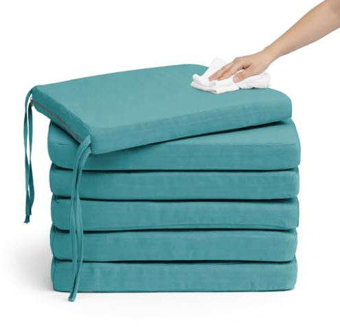 Pack 6 Cojín para silla 45x45x5 cm｜Repelente al agua y fácil de limpiar｜Con cintas de sujeción｜Funda con cremallera desmontable｜Uso interior y exterior｜Ideal para comedor, terraza, jardín u oficina