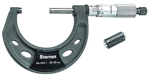 Starrett 444.1MXRL-50 Outside Micrometer, Ratchet Stop, Lock Nut, Carbide Faces, 50 mm Range, 0.01 mm Grad