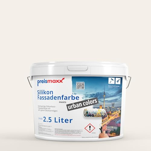 Preismaxx Silikonharz Fassadenfarbe, Altweiß Weiß 2,5L hochwertige, matte, wasserabweisende Aussen-Dispersion, sehr guter Regenschutz - Abperleffekt