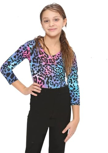 WickedFun CRAZY CHICK® GIRLS KIDS NEW LEOPARD ARMY PRINT LONG SLEEVE STRETCH MICROFIBER DANCE GYMNASTIC LEOTARD BODYSUIT TOP (Multi Leopard, 5-6 Years)