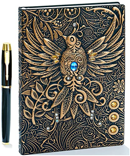 Vintage 3D Phoenix Embossed Leather Writing Journal Notebook with Gold Pen Set,A5,200Pages,Antique Handmade Daily Notepad Sketchbook,Travel Diary&Notebook to Write in,for Women Men (Bronze,8.4*5.7)