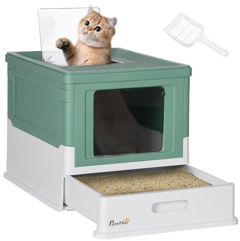 PawHut Arenero para Gatos, Caja de Arena para Gatos Plegable, con Entrada Frontal y Salida Superior, Pala Incluida, 47,5x35,5x36,7 cm, Verde y Blanco