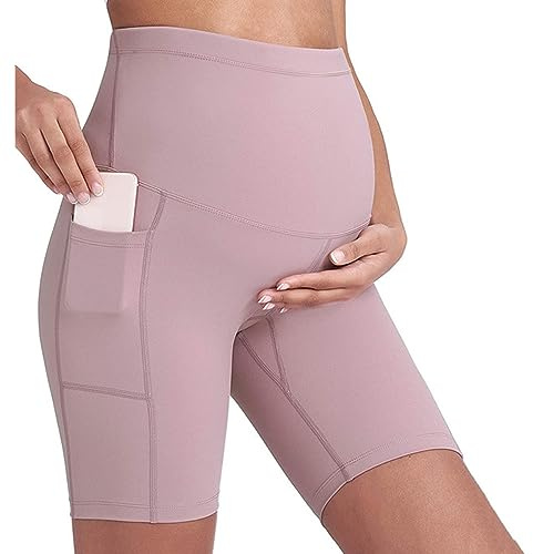 Buliezy Pantalones Cortos de Yoga de Maternidad Negros Que aprietan sobre los Golpes, Cintura Alta, sin Costuras, Soporte Suave, Activo para el Embarazo con Bolsillos para el teléfono (S-XL)