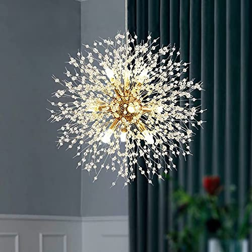 Lampadario di cristallo in oro 9 luci lampadario moderno con lampadario dandelion fuoco d'artificio, illuminazione a sospensione per lampadari camera da letto, sala da pranzo, corridoio