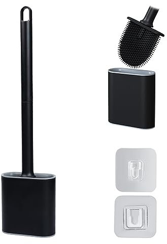 Silicone Flex Toilet Brush and Holder Set, Wall Mounted, Deep Cleaning (Black)