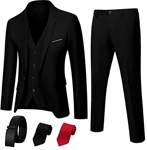 Suit King 3 Piece Men’s Suit, Slim Fit Stylish Jacket, Pants, Vest, 2 Ties, and Belt, Perfect for Weddings, Business and More Black