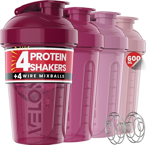 VELOMIX -4 PACK- 20 oz Protein Shaker Bottle for Protein Mixes - 4x Wire Whisk | Leak Proof Shaker Cups for Protein Shakes | Stackable Protein Shaker Bottle Pack | Dishwasher Safe (Berry Blend)