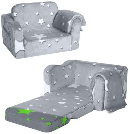 MeMoreCool Kindersofa Ausklappbar, 2-in-1 Kleinkinder Schlafsofa, Kindersessel mit Schlaffunktion, Mini Couch für Kuschelecke Kinderzimmer, Fancy Spielsofa für Mädchen und Jungen, Grau Stern