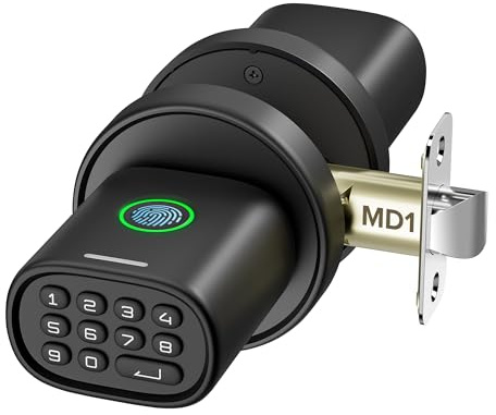ThorBolt Fingerprint Door Knob, Keyless Door Knob with Keypad Biometric Electronic Thumbprint, Auto-Lock for Interior Doors for Bedroom, Home, Office, Garage, 4xAA Alkaline (NOT Included), MD1 Black
