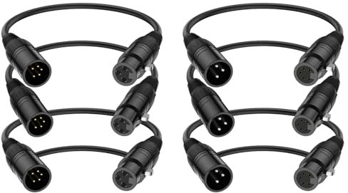 J&D Cable XLR, Adaptador de 3 Pines a 5 Pines (Macho a Hembra y Hembra a Macho), Cable DMX para Micrófono, Audio y Luces de Escenario, DMX512, 30 cm, 6-Pack